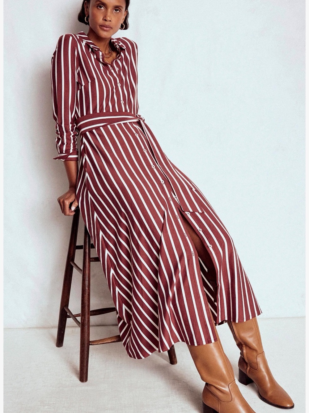 NWT Boden Marcia Stripe Jersey Shirt Dress, Chestnut/Ivory POCKETS